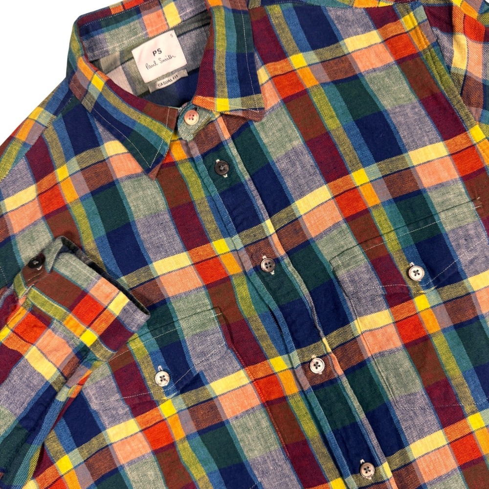 Paul Smith PS Plaid Button Up Shirt Men Small Multi Color Cotton Linen Casual